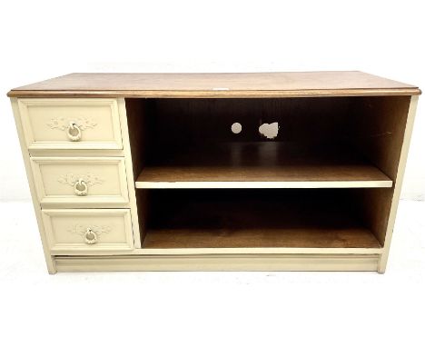 Cream painted television stand, single shelf flanked by three drawersDimensions: Height:&nbsp;54cm&nbsp; Length/Width:&nbsp;9