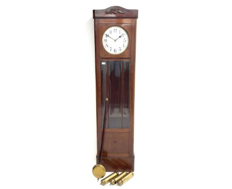 Early 20th century mahogany longcase clock, circular silvered Arabic dial, triple brass weight driven movement striking on ro