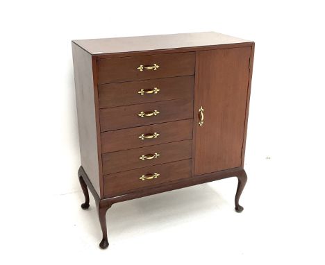 Mid 20th century mahogany music cabinet, fitted with six manuscript drawers with fall fronts, right-hand cupboard enclosing r