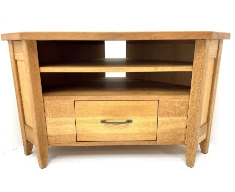 Light oak corner television stand, single shelf above drawer, stile supports Dimensions: Height:&nbsp;61cm&nbsp; Length/Width