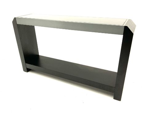 Black finish oak console table, canted corners, black glass top with chrome frame, solid end supports joined by single undert