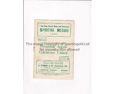 COLCHESTER UNITED 1950-1 / FIRST LEAGUE SEASON     Programme for the away League match v Plymouth Argyle 28/10/1950, staple r