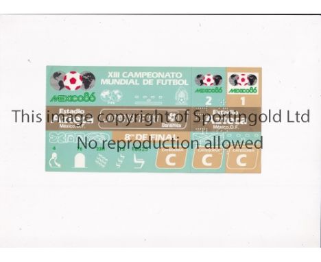 1986 WORLD CUP      Unused ticket for England v Paraguay, Round of 16 match 18/6/1986 at the Aztec Stadium. Staple holes on t
