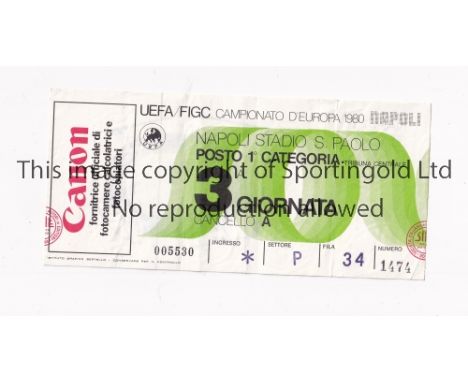 1980 EURO / ITALY      Ticket for England v Spain 18/6/1980 in Naples, slightly creased.      Generally good