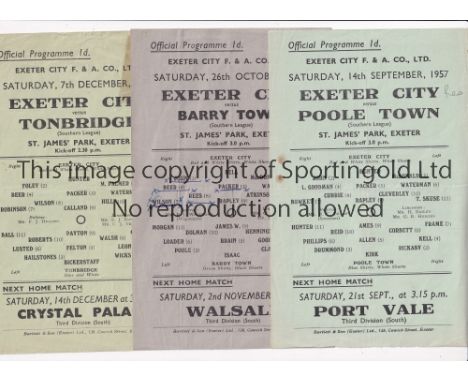 EXETER CITY      Three single sheet programme for home Southern League matches in season 1957/8 v Poole Town, Barry Town, tea