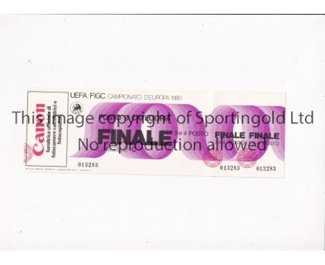 EURO 1980 TICKET    Ticket 3/4 Play-off Euro 1980 Ticket, Czechoslovakia v Italy in Napels, 21/6/80. Unused.   Good