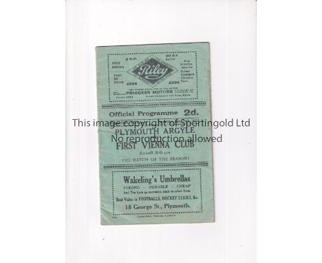 PLYMPOUTH ARGYLE v FIRST VIENNA CLUB 1933    Programme for the Friendly at Plymouth 28/1/1933    Generally good