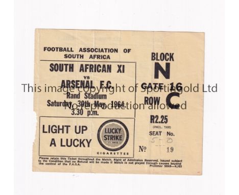 ARSENAL      Ticket for the away Friendly v South African XI 30/5/1964, slight creased and minor paper loss on entry.    Gene