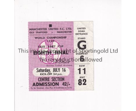 1966 WORLD CUP       Seat ticket for Portugal v Bulgaria 16/7/1966 at Old Trafford, very slightly creased.     Generally good