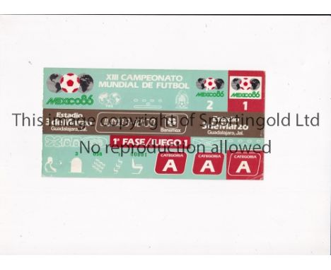 1986 WORLD CUP       Unused ticket for Algeria v Northern Ireland 3/6 at the 3rd of March Stadium. Staple holes on the left. 