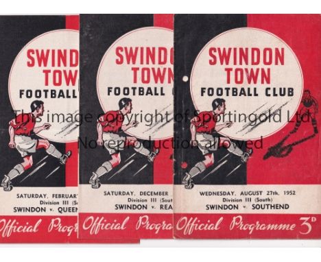 1952/3 SWINDON TOWN   Eight programmes for Swindon home games 1952/3 Bristol R, Exeter score noted, Gillingham, L Orient, Nor