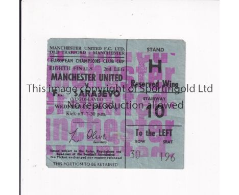 MANCHESTER UNITED     Seat ticket for the home European Cup tie v Sarajevo 29/11/1967 in their Cup winning season. Slightly c