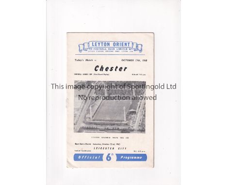 FOOTBALL LEAGUE CUP FIRST SEASON 1960-1 / LEYTON ORIENT V CHESTER      Programme for the tie at Leyton 22/10/1960.    Very go