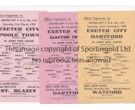 EXETER CITY      Ten single sheet programme for home Southern League matches in season 1958/9 v Dartford, Clacton Town, Poole