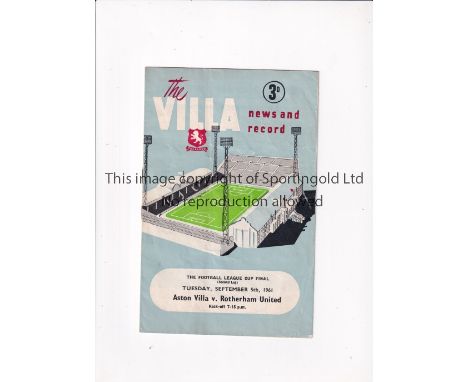 LEAGUE CUP FINAL 1961   Programme from the first League Cup Final Aston Villa v Rotherham United 2nd Leg at Villa Park 5/9/19