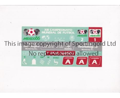 1986 WORLD CUP       Unused ticket for Algeria v Spain 12/6 at the Technological Stadium. Staple holes on the left and very s