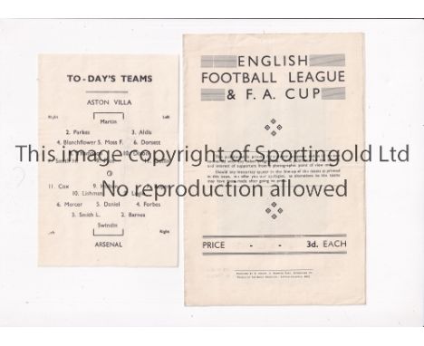 ASTON VILLA V ARSENAL 1951     Pirate programme issued by R. Knight of Birmingham for the League match at Villa 8/9/1951, ver