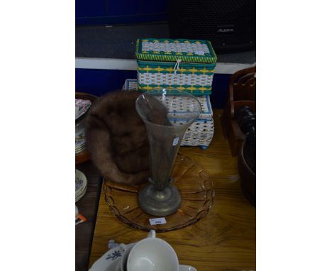 TWO VINTAGE SEWING BOXES, FUR HAT, VASE AND A GLASS PLATE (5)