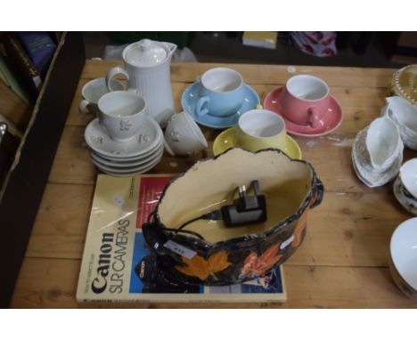 LANGLEY POTTERY CUPS AND SAUCERS TOGETHER WITH A LEAF DECORATED PLANTER