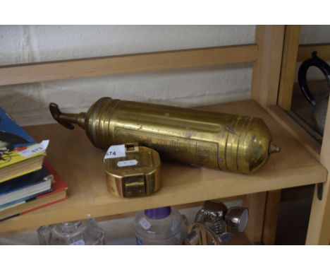 REPRODUCTION BRASS CASED COMPASS AND A VINTAGE MINIMAX PUMP FIRE EXTINGUISHER