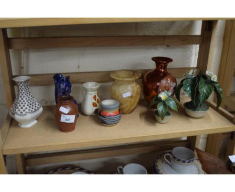 VARIOUS DECORATED VASES, CERAMIC FLOWERS, ETC