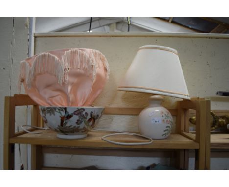 DECORATED BOWL, TABLE LAMP AND A FURTHER LIGHT SHADE