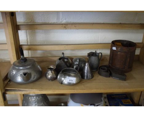 VARIOUS ITEMS TO INCLUDE PEWTER TEA WARES, VINTAGE METAL BOUND MEASURE ETC