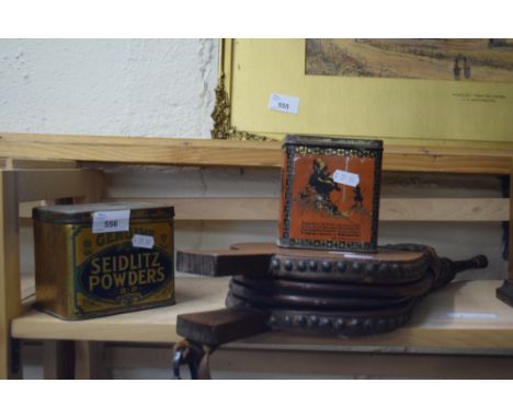 PAIR OF FIRE BELLOWS TOGETHER WITH VINTAGE TINS