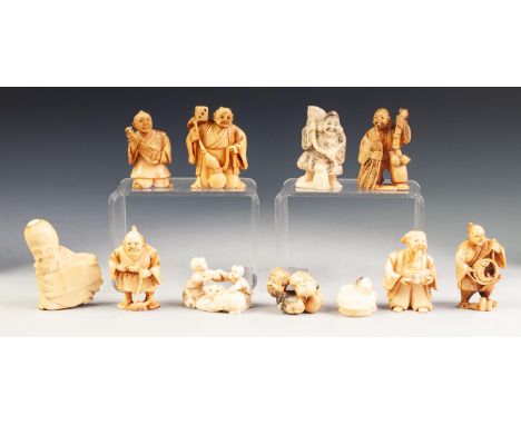 ELEVEN JAPANESE CARVED IVORY AND BONE NETSUKE, (11)