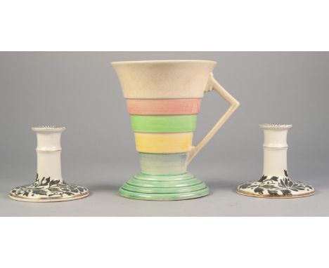 PAIR OF 1930s BURSLEM WARE POTTERY CANDLESTICKS decorated by Charlotte Rhead and a 1930s RADFORD ART DECO JUG (3) 