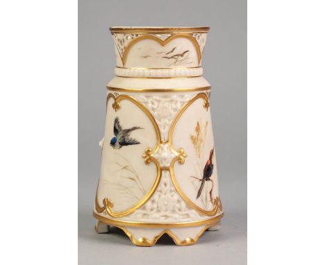 LATE NINETEENTH CENTURY ROYAL WORCESTER MOULDED AND PIERCED BLUSH CHINA VASE, of tapering form with slightly flared rim and m