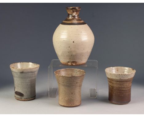 BERNARD LEACH STUDIO POTTERY VASE, 7" (17.8cm) high, impressed marks, together with a SIMILAR MATCHED SET OF THREE BEAKERS, t