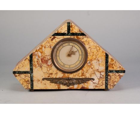 ART DECO VEINED CREAM AND BLACK MARBLE TRIANGULAR SHAPED MANTEL CLOCK, with Roman chapter ring, 14 1/2in (37cm) long 