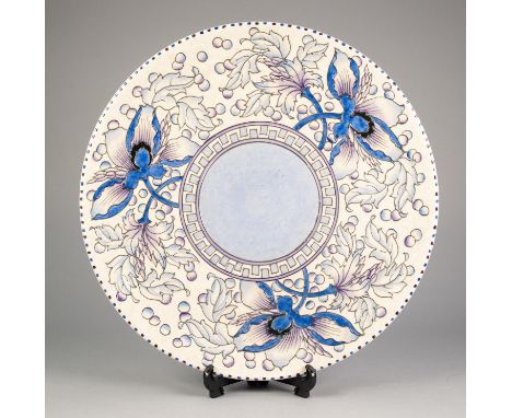 LARGE, 1930s BURSLEM WARE POTTERY PLAQUE, decorated by Charlotte Rhead in blues and mauves, 18 1/4in (46.5cm) diameter 