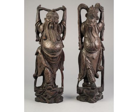 PAIR OF CHINESE, LATE QING DYNASTY CARVED HARDWOOD SILVER WIRE INLAID DEITY FIGURES, 16 1/2in (42cm) high 