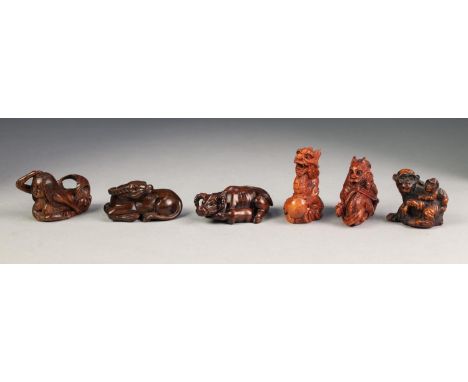 SIX VARIOUS TWENTIETH CENTURY JAPANESE CARVED WOOD NETSUKE, (6)