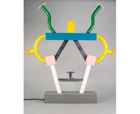 ETTORE SOTTSASS 'ASHOKA' COLOURED METAL TABLE LAMP DESIGNED BY MEMPHIS, 1981, finished in blue, yellow, pink, green, white an