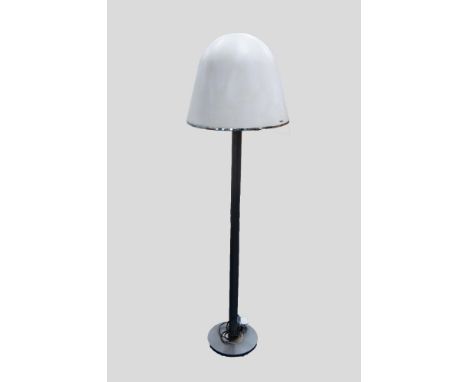 I. GUZZINI, ITALIAN WHITE PLASTIC AND GREY METAL STANDARD LAMP, the opaque bucket shaped shade with chrome plated rim, raised