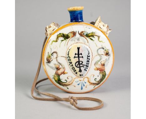 ITALIAN MAIOLICA ?CERTOSA FIRENZE? TWO HANDLED POTTERY FLASK, of circular form with mask handles flanking a short waisted nec