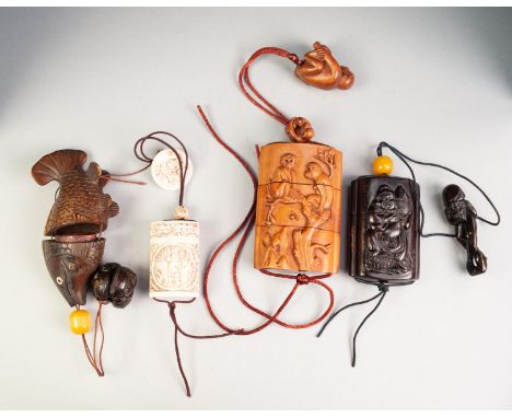 FOUR MODERN JAPANESE CARVED WOOD AND BONE NETSUKE, each with accompanying ogime, netsuke or manju, (4)