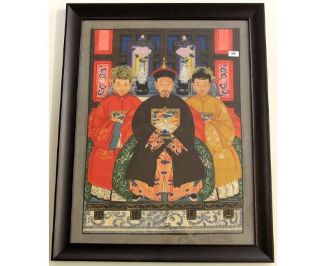 A large Chinese hand painted ancestor portrait on canvas in a modern frame, 75 x 95cm.