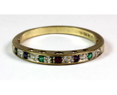 A 9ct yellow gold (hallmarked 375) "DEAREST" ring set with Diamond, Emerald, Amethyst, Ruby, Emerald, Sapphire and Tourmaline