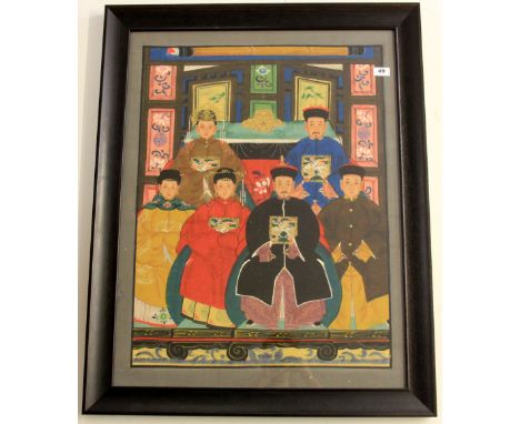 A large Chinese hand painted ancestor portrait on canvas in a modern frame, 75 x 95cm.