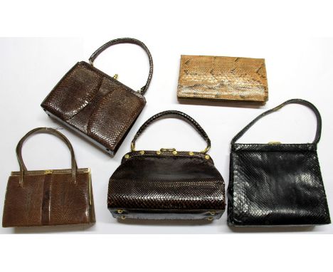 Five vintage snake skin bags.