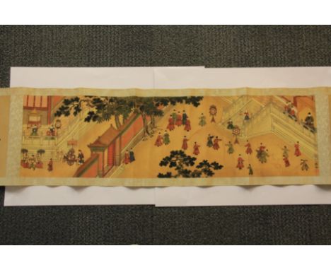 A Chinese mounted scroll featuring an Imperial palace scene, W. 32cm.