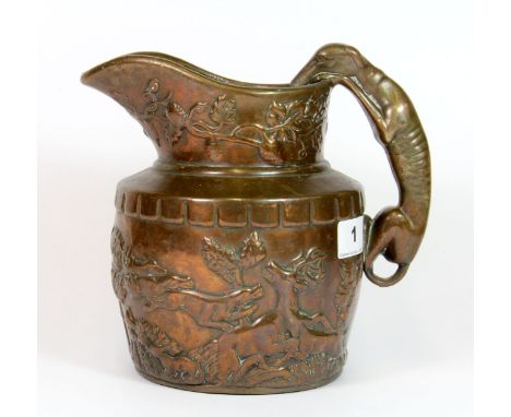 A ceramic lined 19th century copper covered hunting jug, H 20cm.
