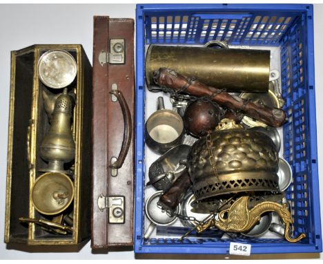 A vintage leather case and a quantity of metalware.