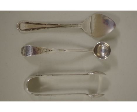 A Victorian silver mustard spoon; together with a pair of silver sugar tongs and a silver preserve spoon, 55g. 