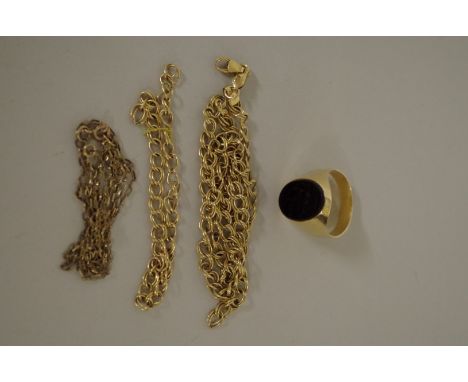 Two gold chains stamped .375; together with an unmarked onyx signet ring, 7.5g weighable. 