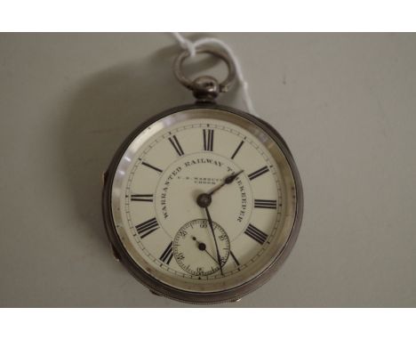 A Victorian silver open faced pocket watch, by C B Mazucchi, Crook, 'Warranted Railway Timekeeper', having 44mm signed enamel